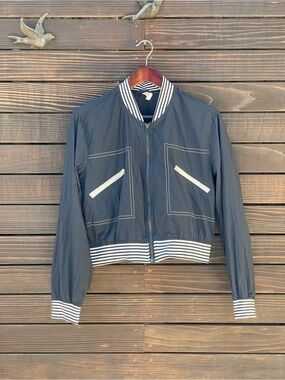 Anthropologie Striped-Trim Navy Bomber Jacket - Women
